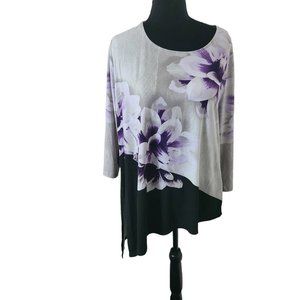 Chico's Purple / White Flower Detail Asymmetrical Hem Blouse Tunic Size Medium